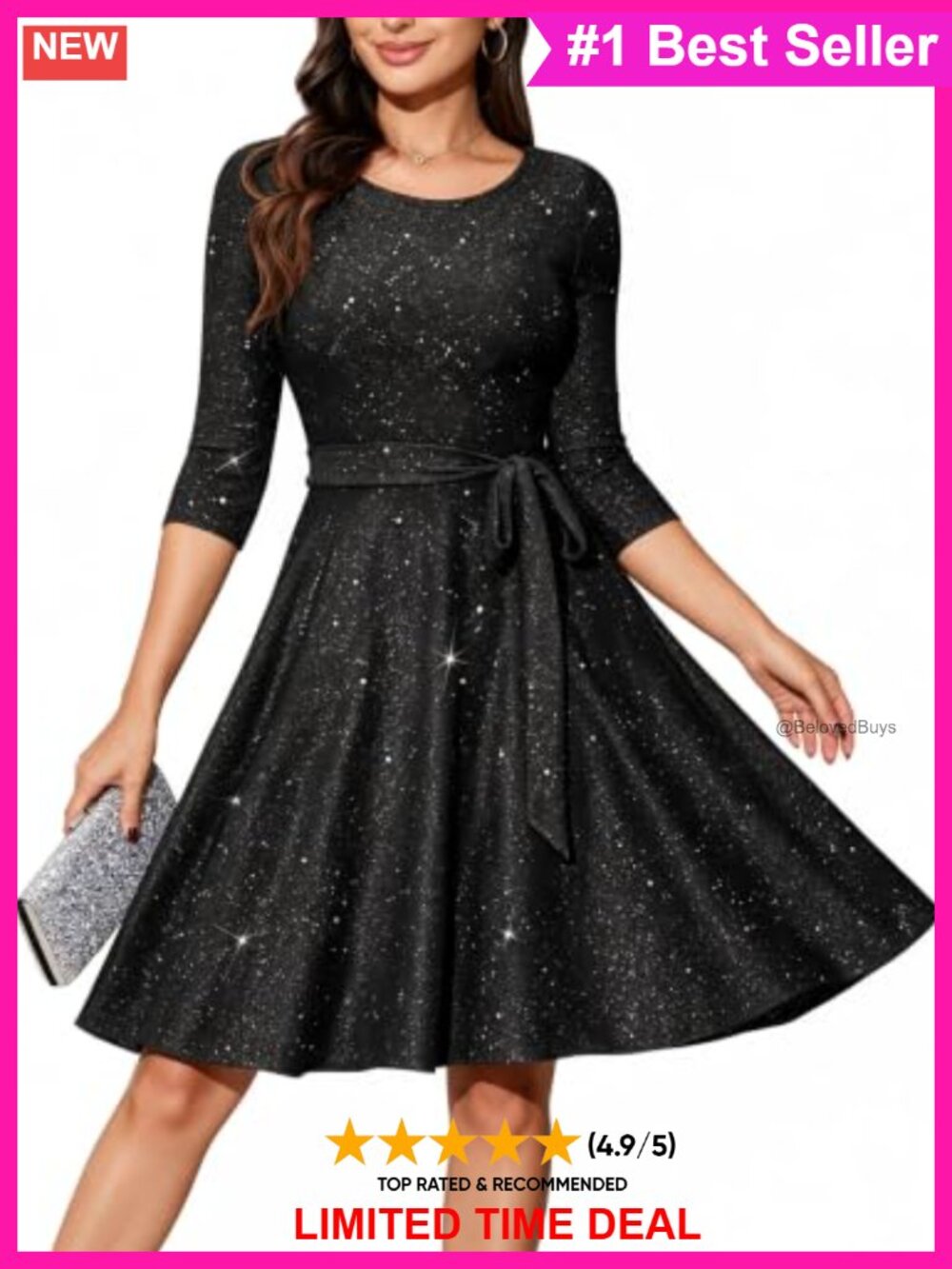 Yusongirl Sparkly Sequin Cocktail Midi Dress 3/4 Sleeve Wedding Guest